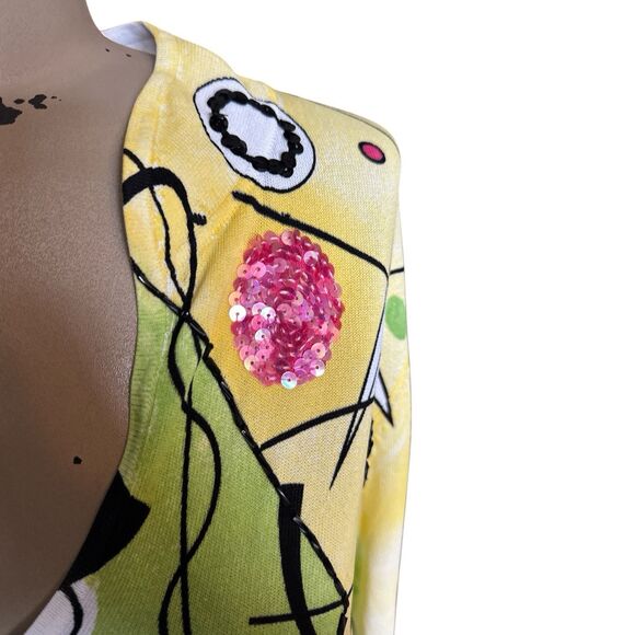 NVD Enveed Abstract Colorful Yellow V-Neck Lightweight Knit Sweater Sequin Bead - Picture 3 of 8